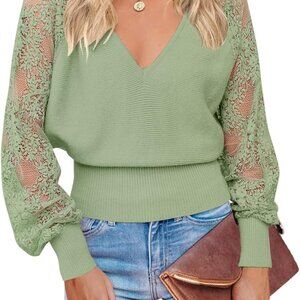 ZESICA 2024 Fall V Neck Lace Solid Color Long Sleeve Casual Knit Sweater S NWT